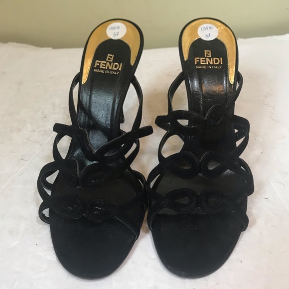 FENDI Suede Strappy Baroque Heels Sandals Mules Shoes Dressy Evening Leather  37 - Picture 12 of 16
